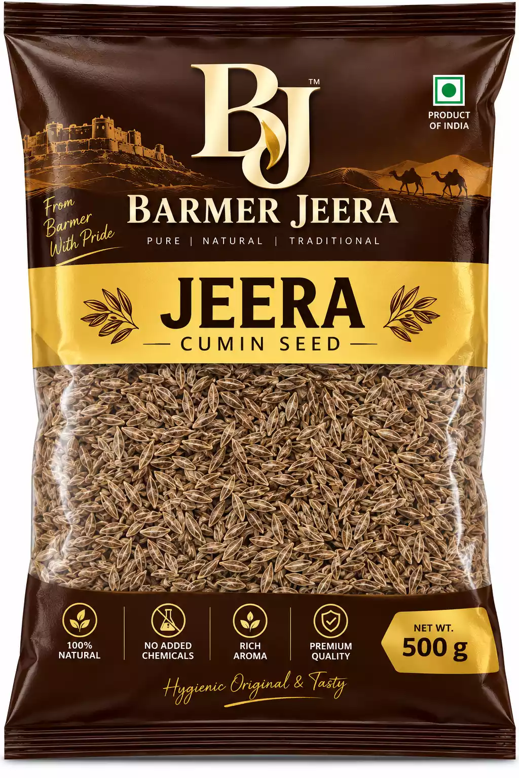 Barmer Jeera 250g, 500g and 1kg authentic whole cumin seed packets from Barmer city, Rajasthan