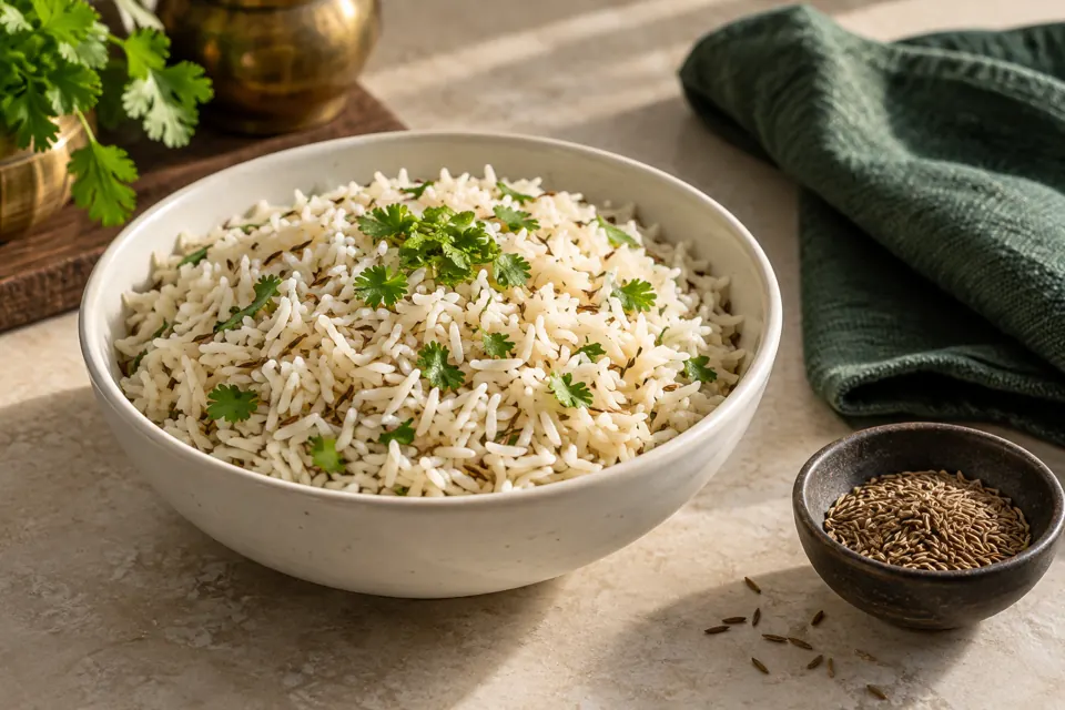 Authentic cumin seeds tempering and fragrant jeera rice serving suggestion